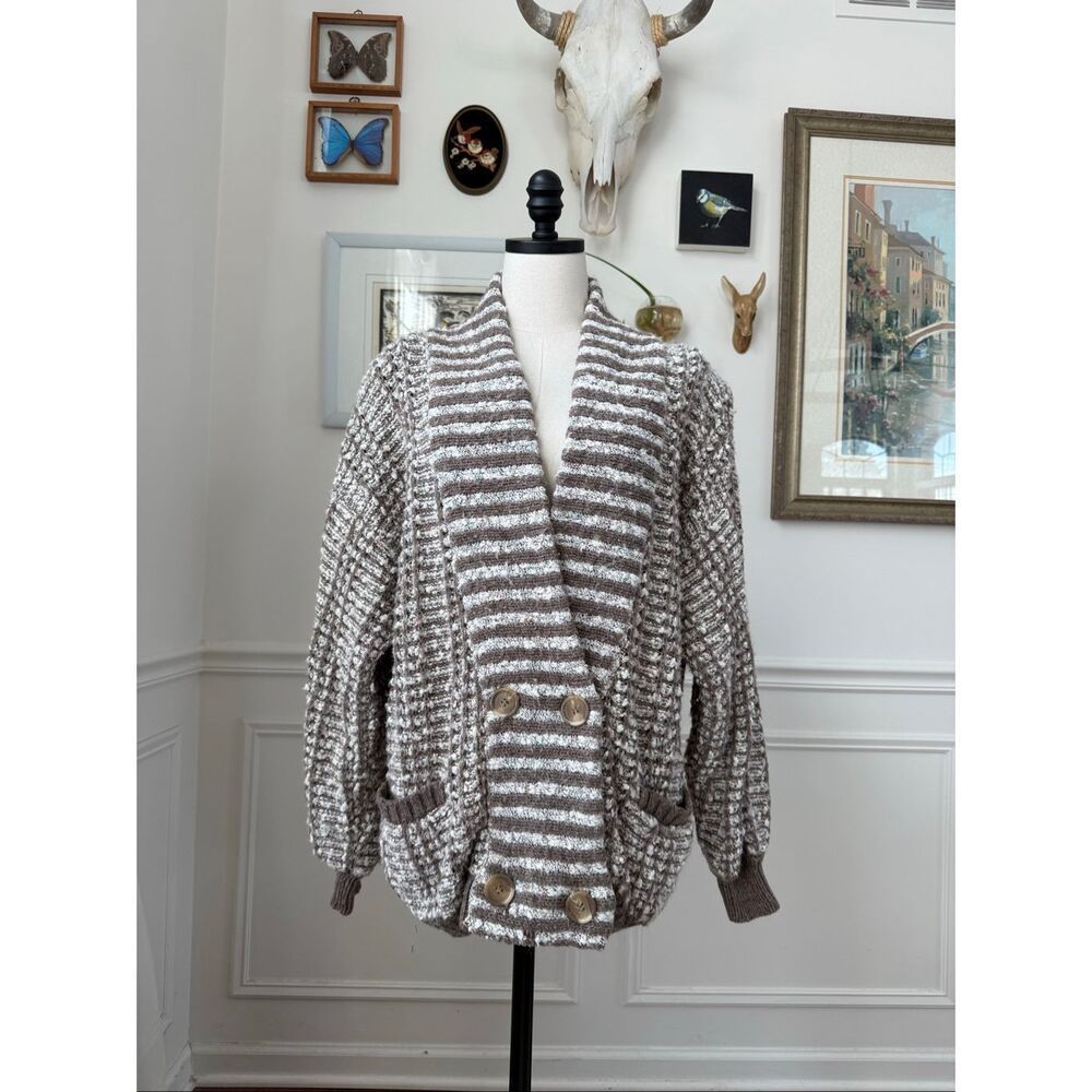 Vintage 80s 90s Iq Knitwear Double Breasted Cardigan Sweater Oversized Stripe Ma